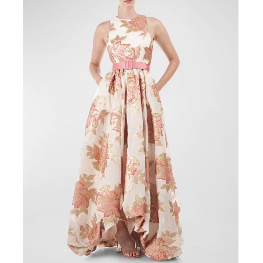 Kay Unger Women's‎ Pink Floral Jacquard Belted Vivian A-Line Dress Size 4